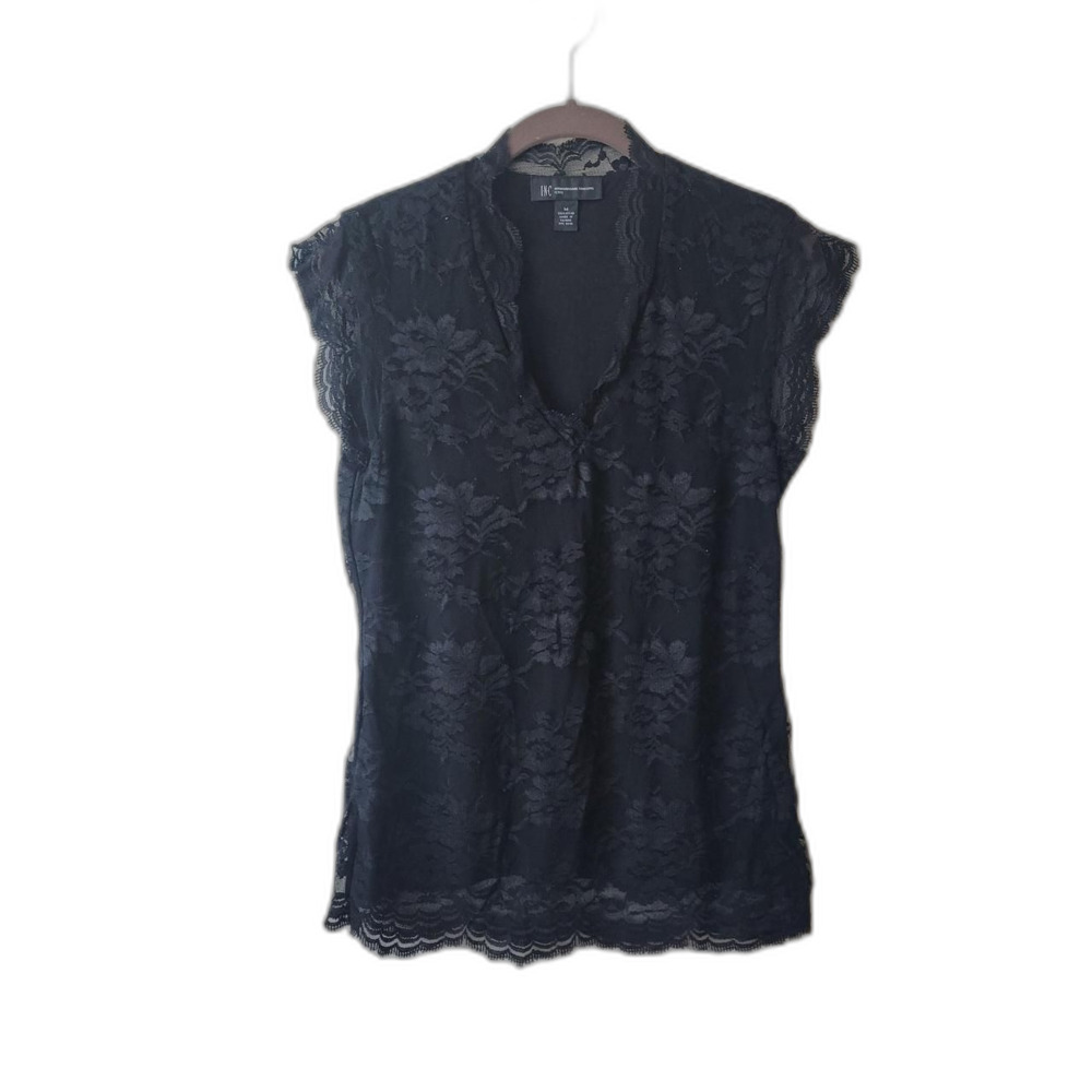 INC International Concepts Lace Blouse Black Floral V-Neck Size M